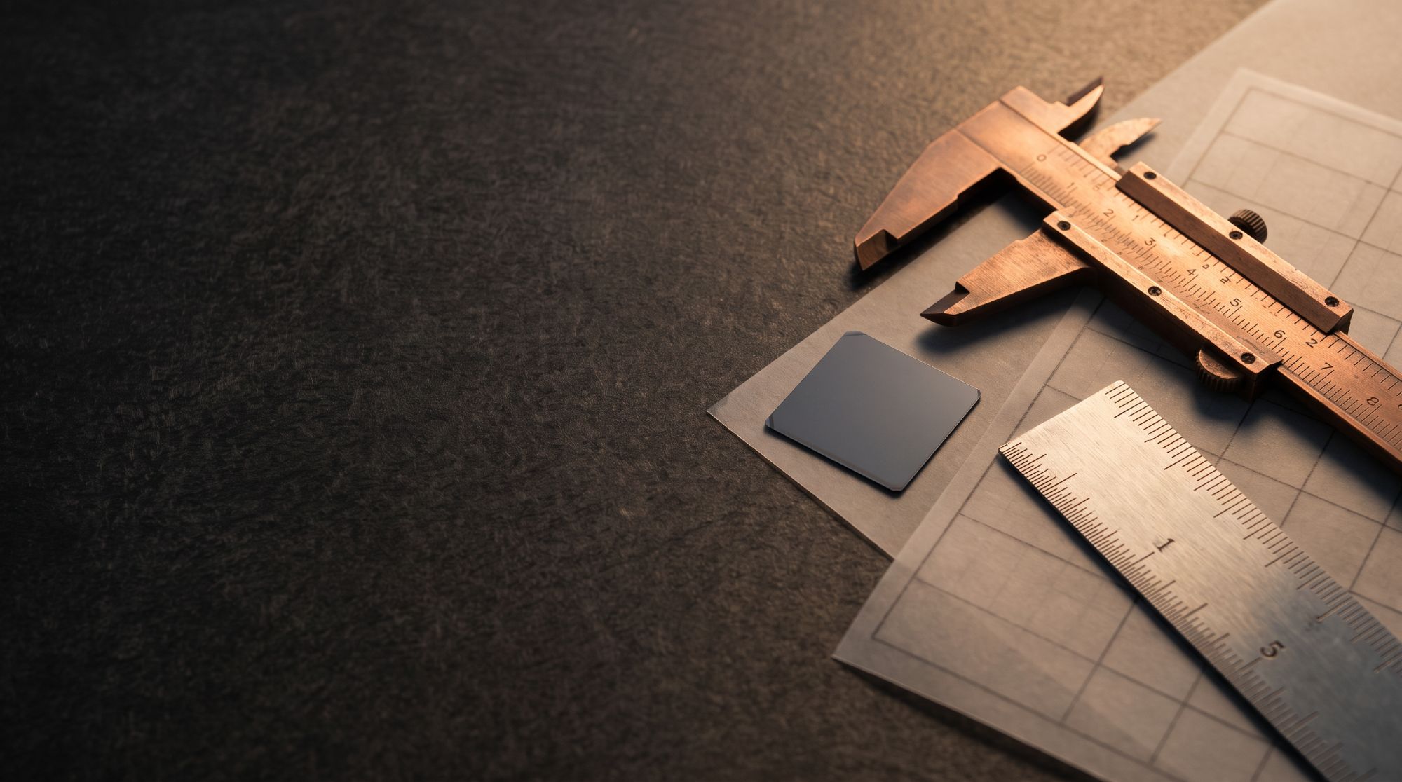 Conceptual still life: copper calipers, a steel scale and a small silicon chip on a dark drafting surface in warm raking light.