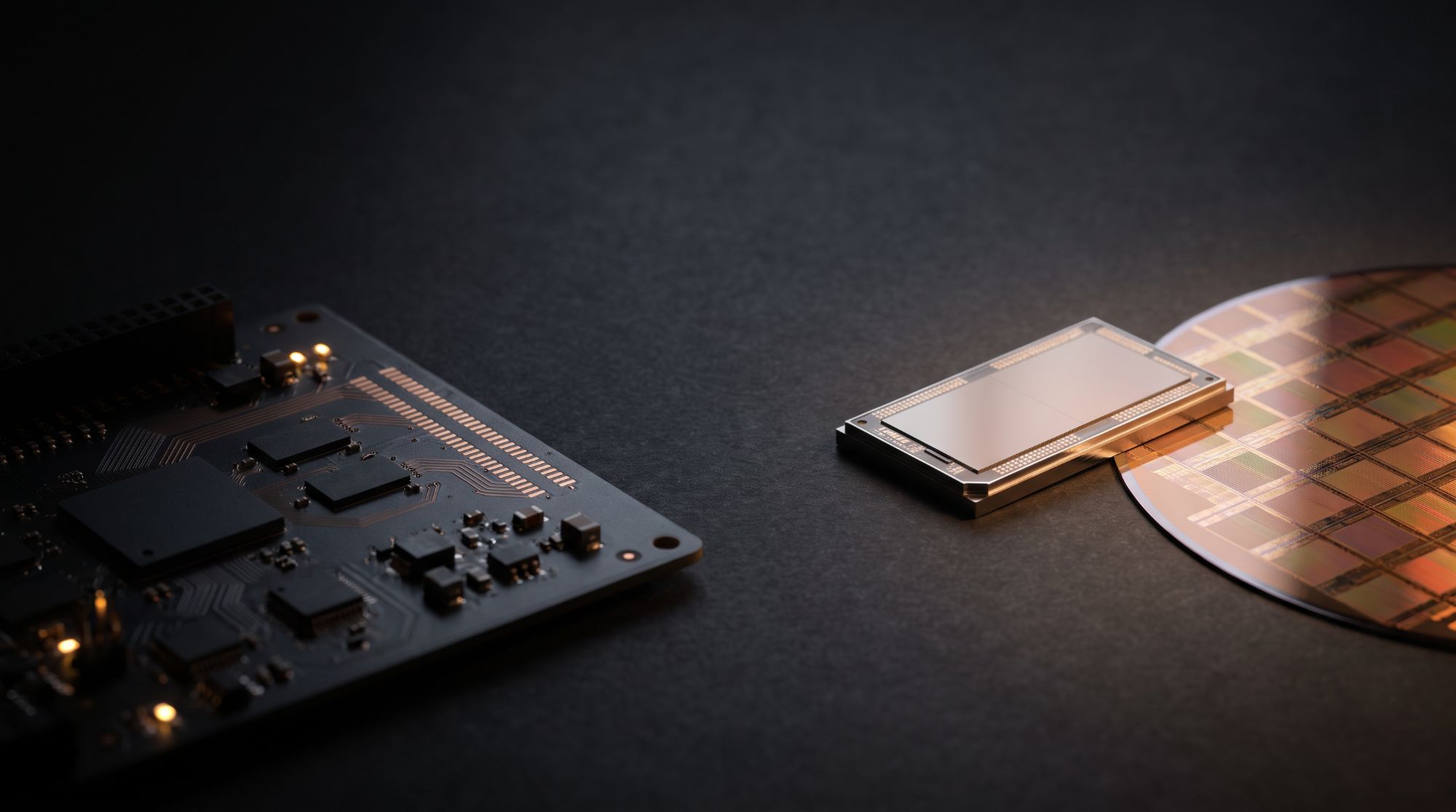 Conceptual render: an FPGA prototype giving way to a silicon die and wafer.