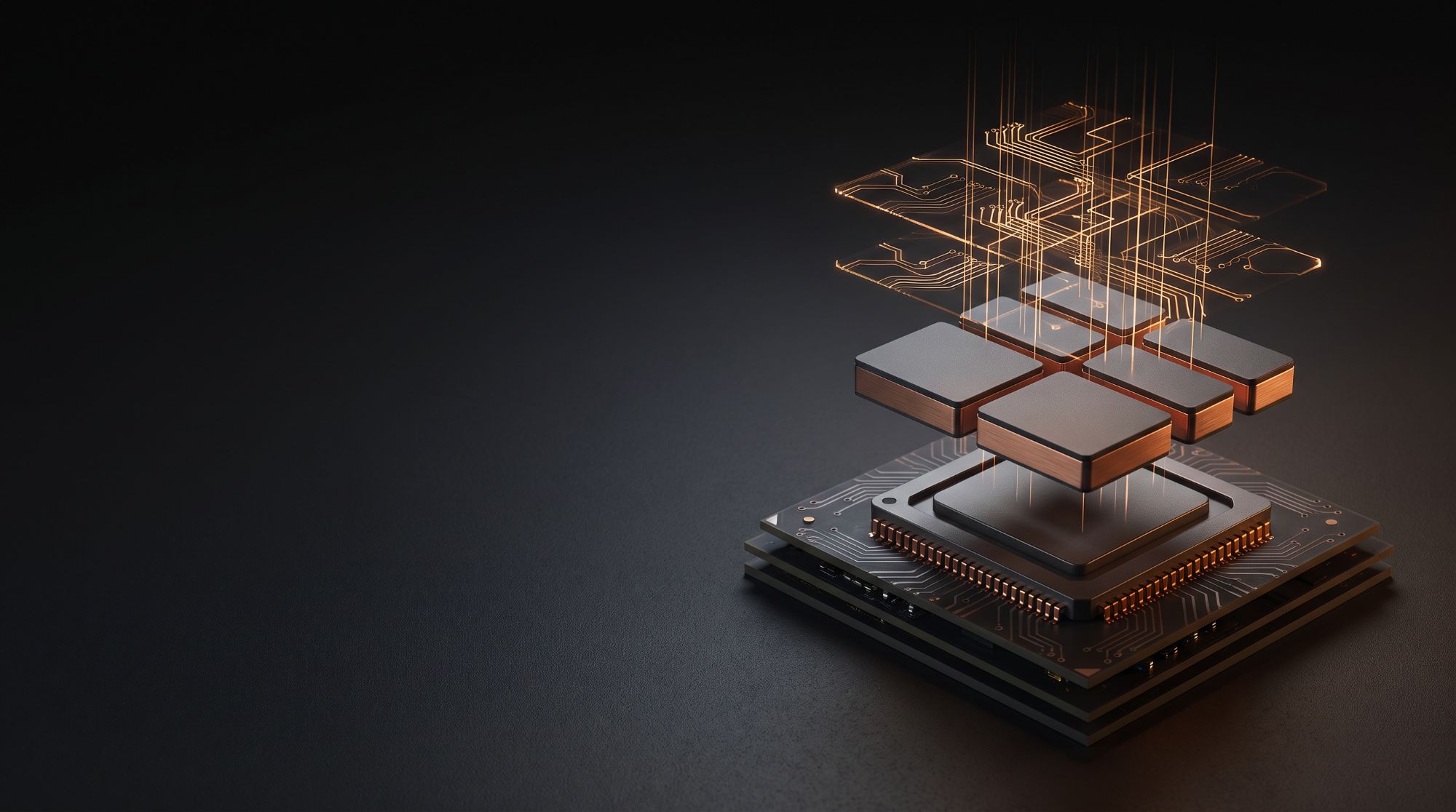 Conceptual render: copper-edged silicon IP blocks and glowing traces descending into a single FPGA package.