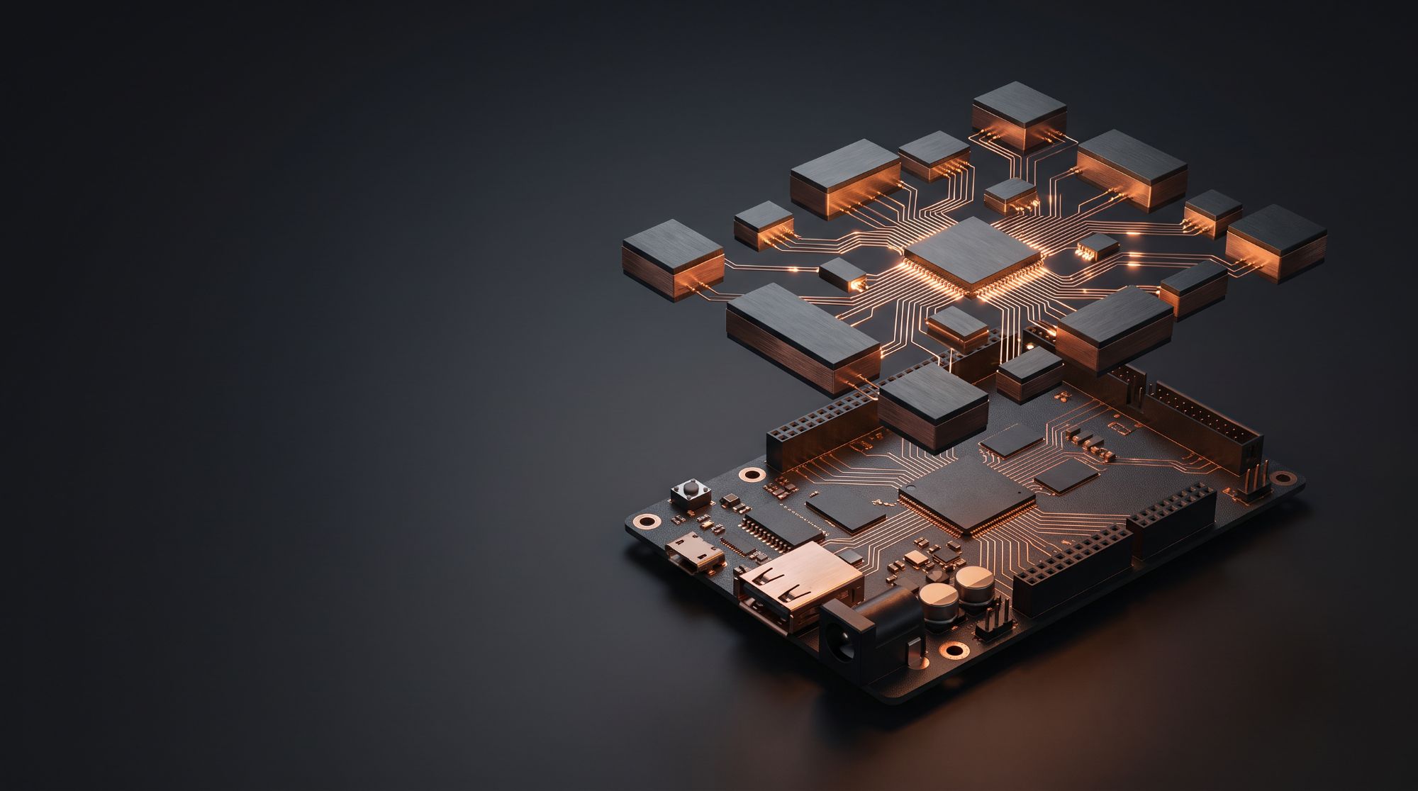 Conceptual render: functional blocks hovering above an FPGA board, joined by copper traces.