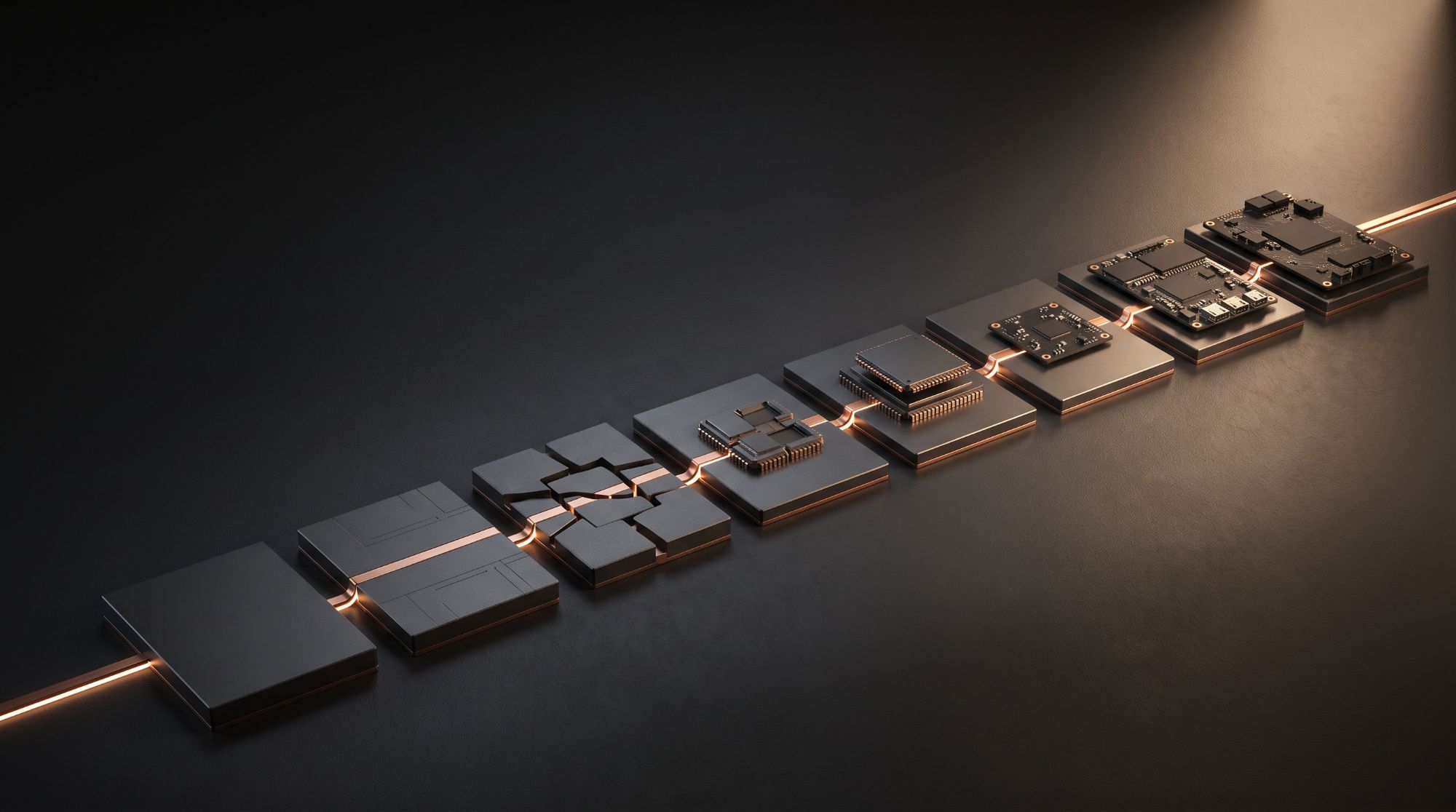 Conceptual render: a sequence of machined graphite tiles linked by a continuous copper trace, each one a step further from blank sheet to finished board.