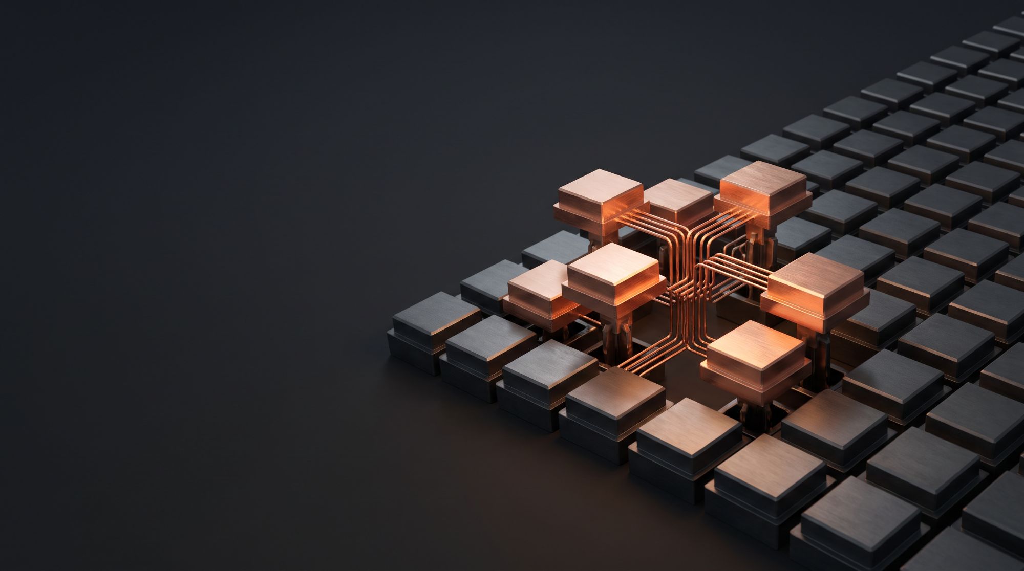 Conceptual render: a library of modular silicon blocks, a few lifted and lit in copper.