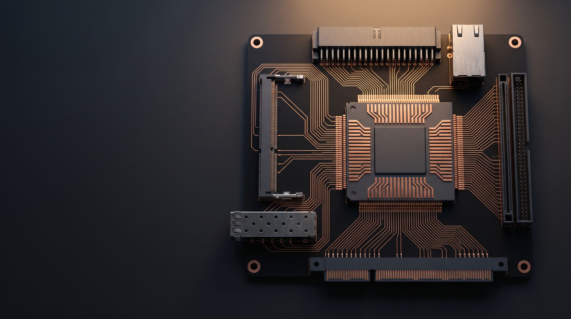 Conceptual render: a central FPGA package on a dark board, surrounded by memory, high-speed and optical connectors joined by copper signal paths.