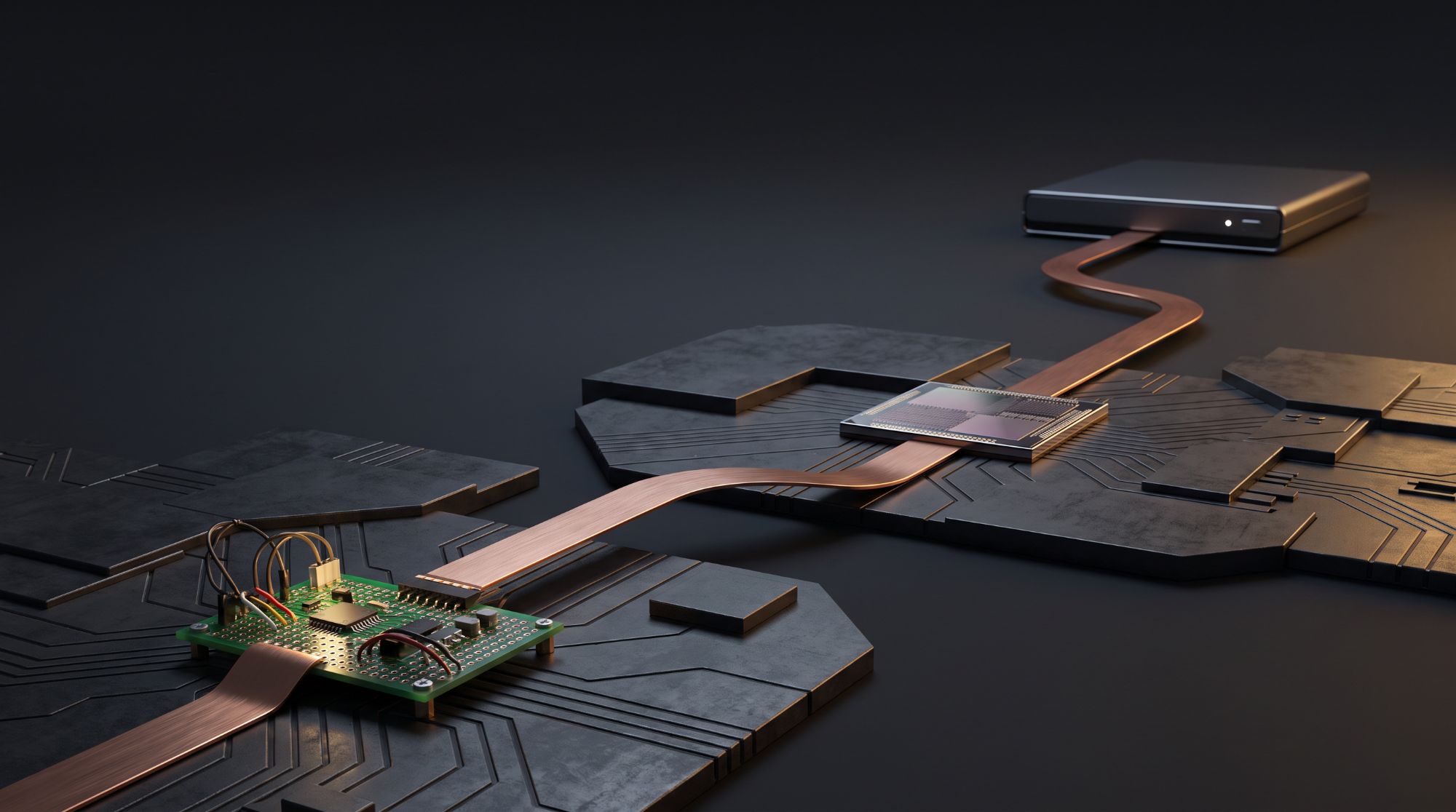 Conceptual render: a continuous copper path crossing a dark landscape, linking a prototype board, a silicon die and a finished hardware enclosure.