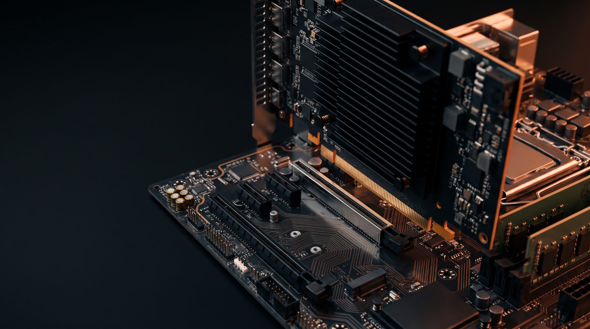 Conceptual render: a PCIe edge connector with copper traces leading to memory.