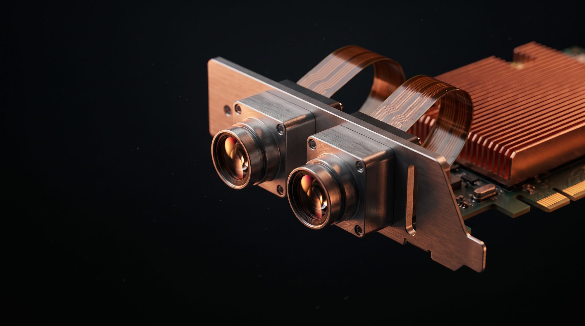 Conceptual render: machined tiles linked by a copper trace.