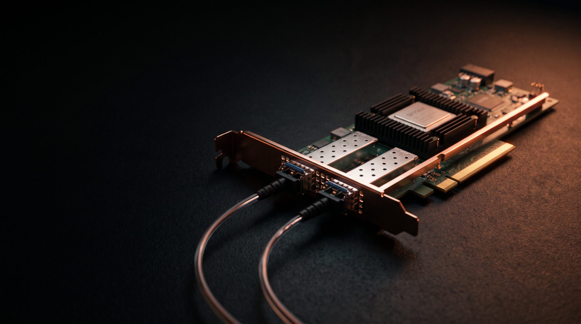 Conceptual render: an FPGA surrounded by board interfaces and copper signal paths.