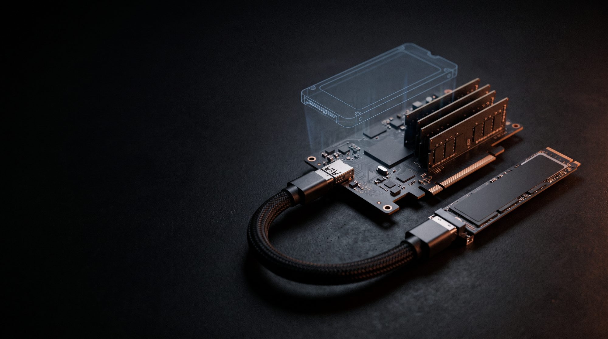 Conceptual render: an FPGA card with a wireframe storage drive above its memory.