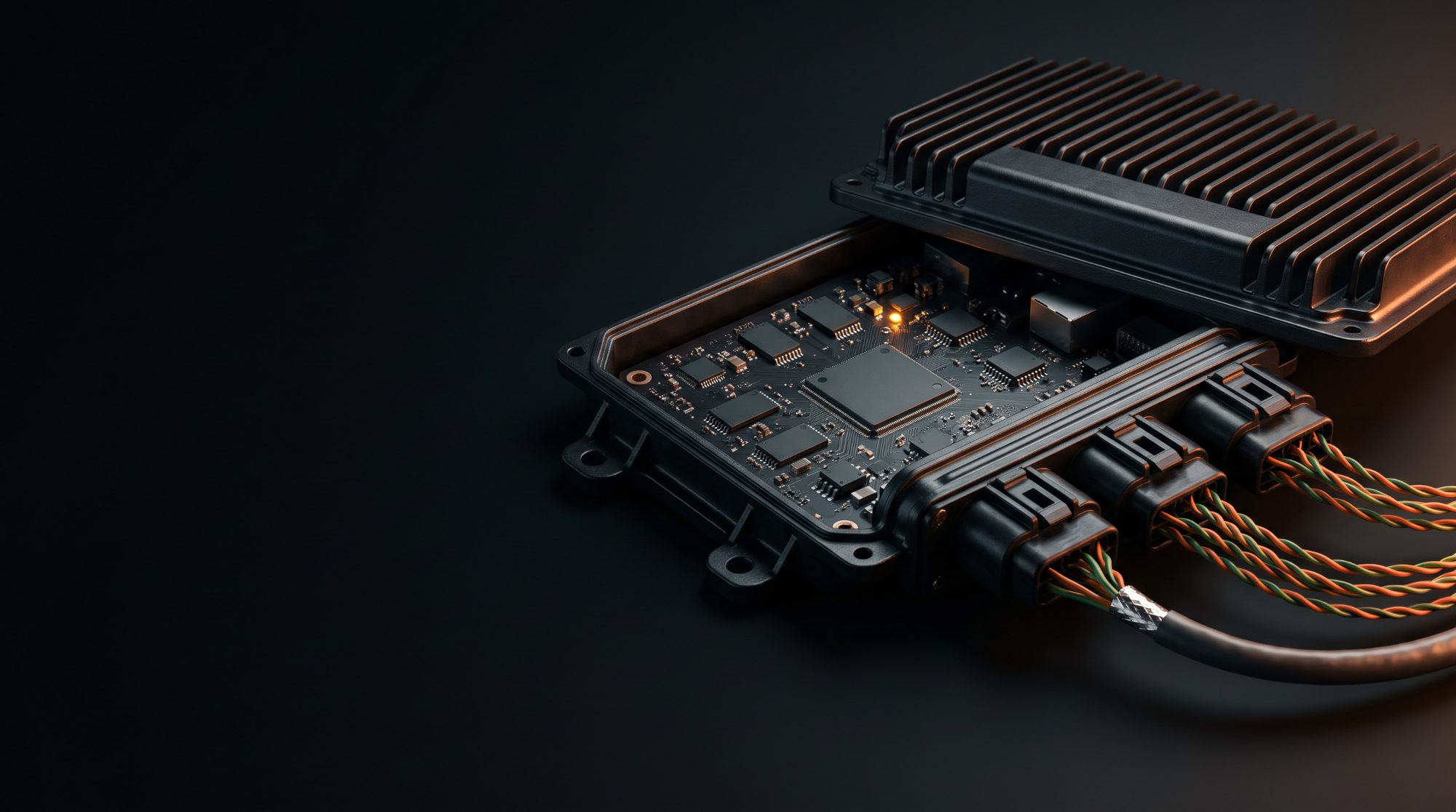Conceptual render: an open automotive gateway unit with harness connectors and twisted-pair CAN wiring.
