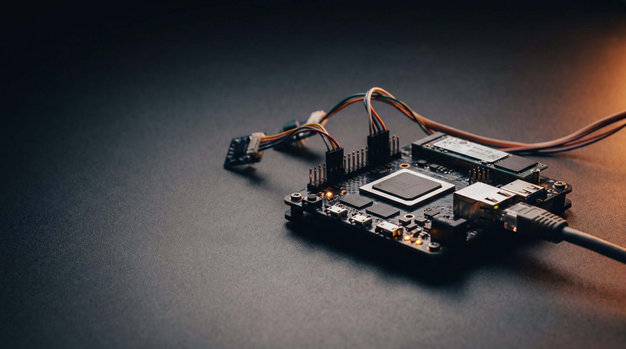 Conceptual render: a sensor board linked by a copper ribbon to a processor and a storage drive.