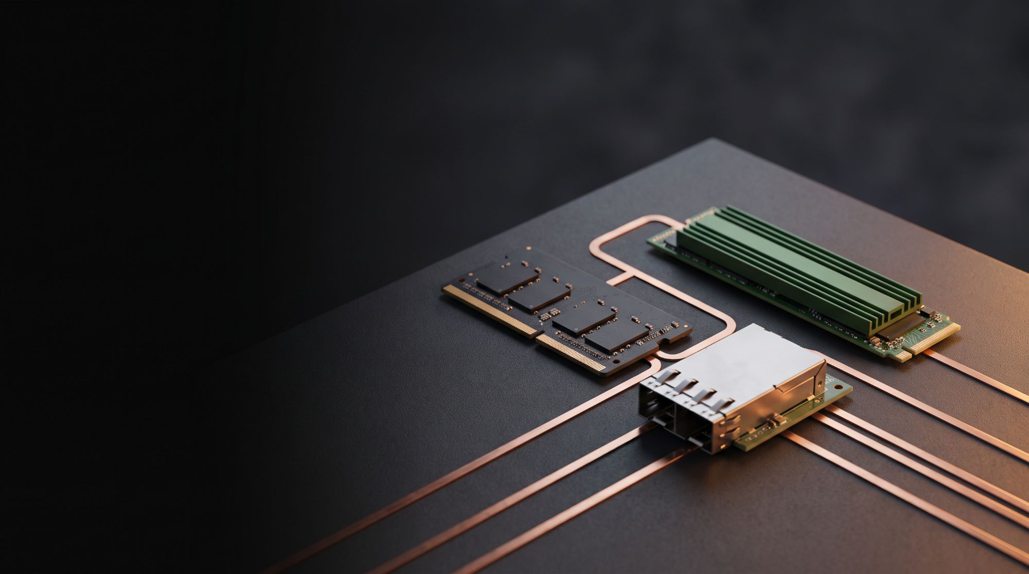 Conceptual render: memory, storage and networking modules on a dark surface, joined by inlaid copper traces.